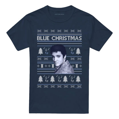Navy - Front - Elvis Presley Unisex Adult Blue Ugly Christmas Fair Isle T-Shirt