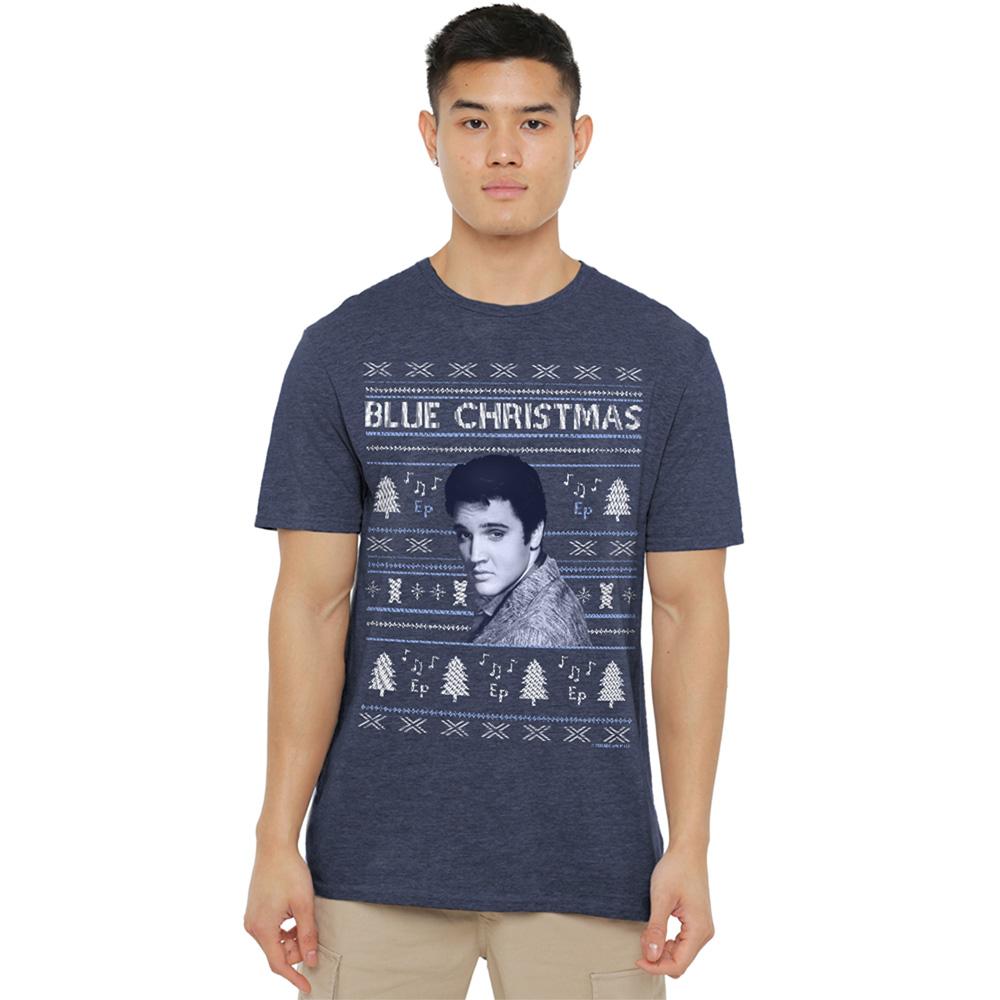 Navy - Back - Elvis Presley Unisex Adult Blue Ugly Christmas Fair Isle T-Shirt