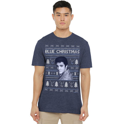 Navy - Back - Elvis Presley Unisex Adult Blue Ugly Christmas Fair Isle T-Shirt