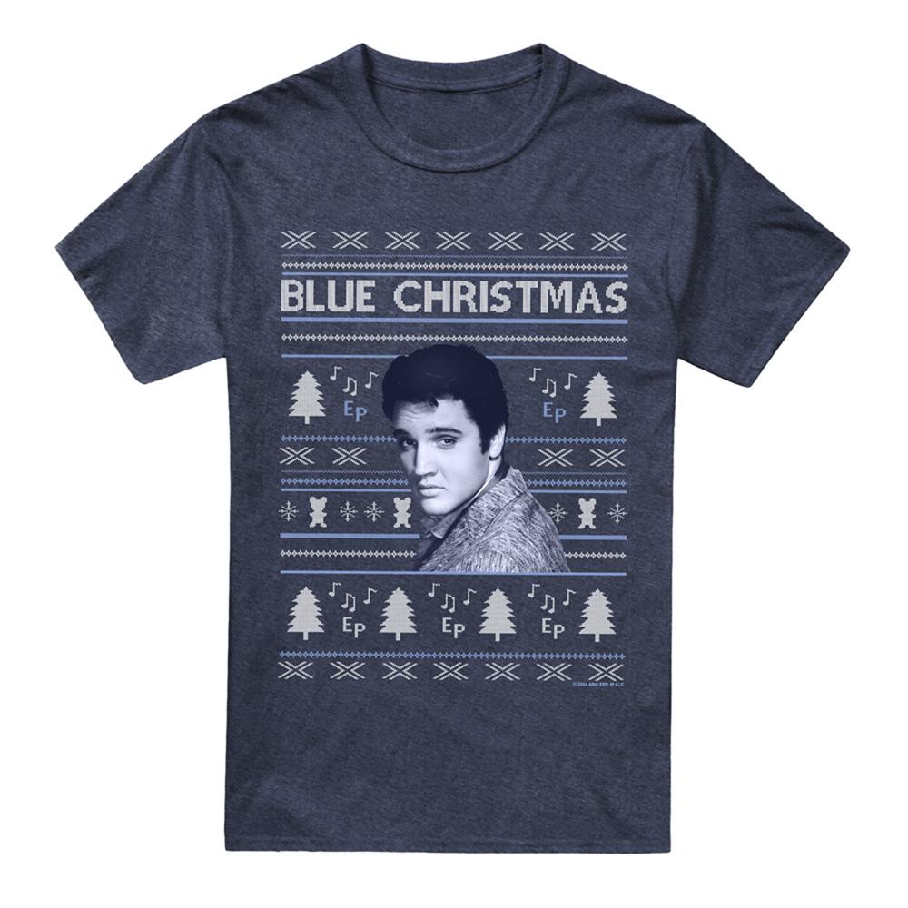 Navy - Front - Elvis Presley Unisex Adult Blue Ugly Christmas Fair Isle T-Shirt