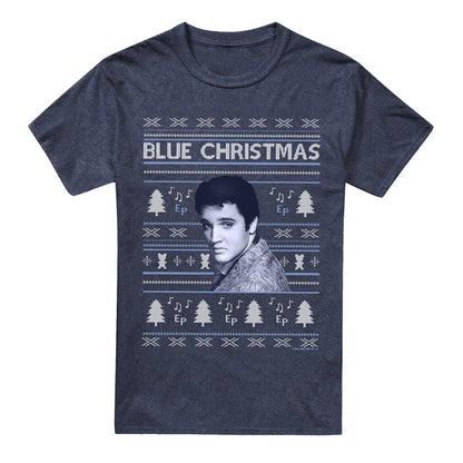 Navy - Front - Elvis Presley Unisex Adult Blue Ugly Christmas Fair Isle T-Shirt