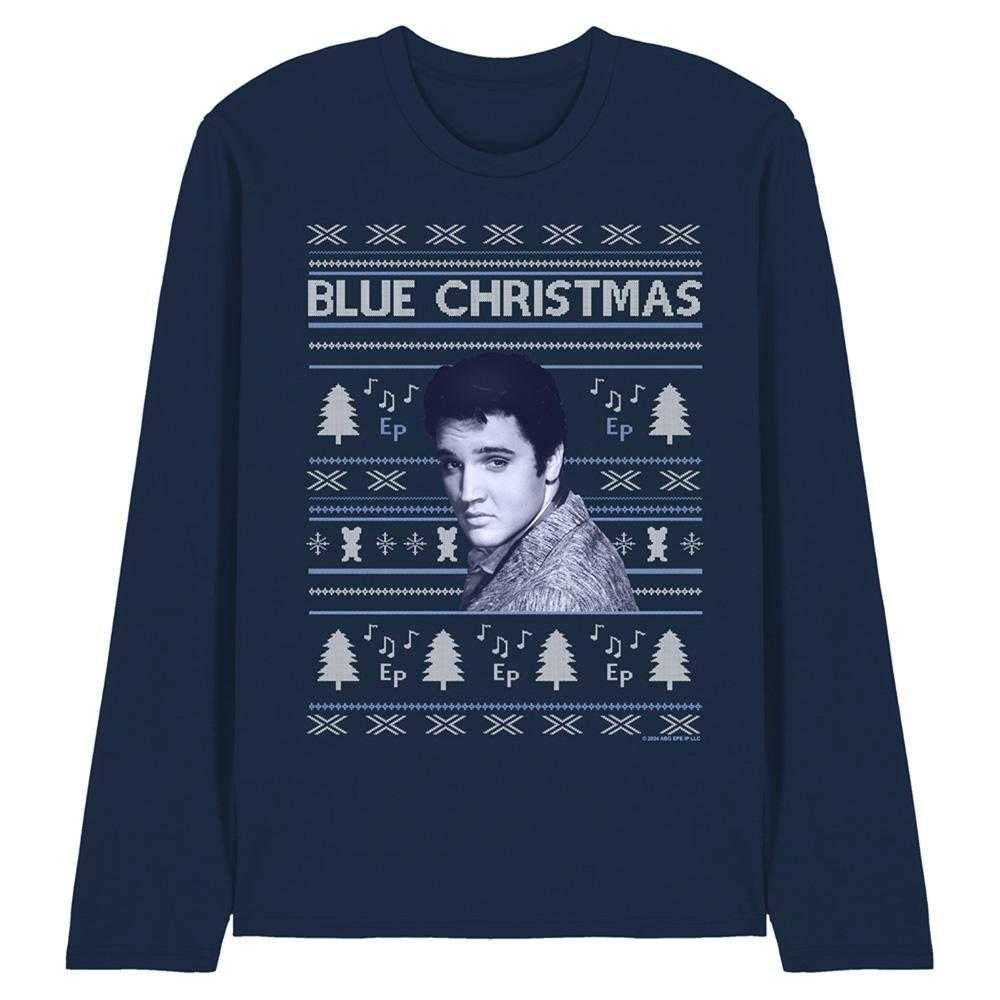Navy - Front - Elvis Presley Unisex Adult Blue Ugly Christmas Fair Isle Long-Sleeved T-Shirt