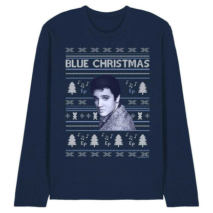 Navy - Front - Elvis Presley Unisex Adult Blue Ugly Christmas Fair Isle Long-Sleeved T-Shirt
