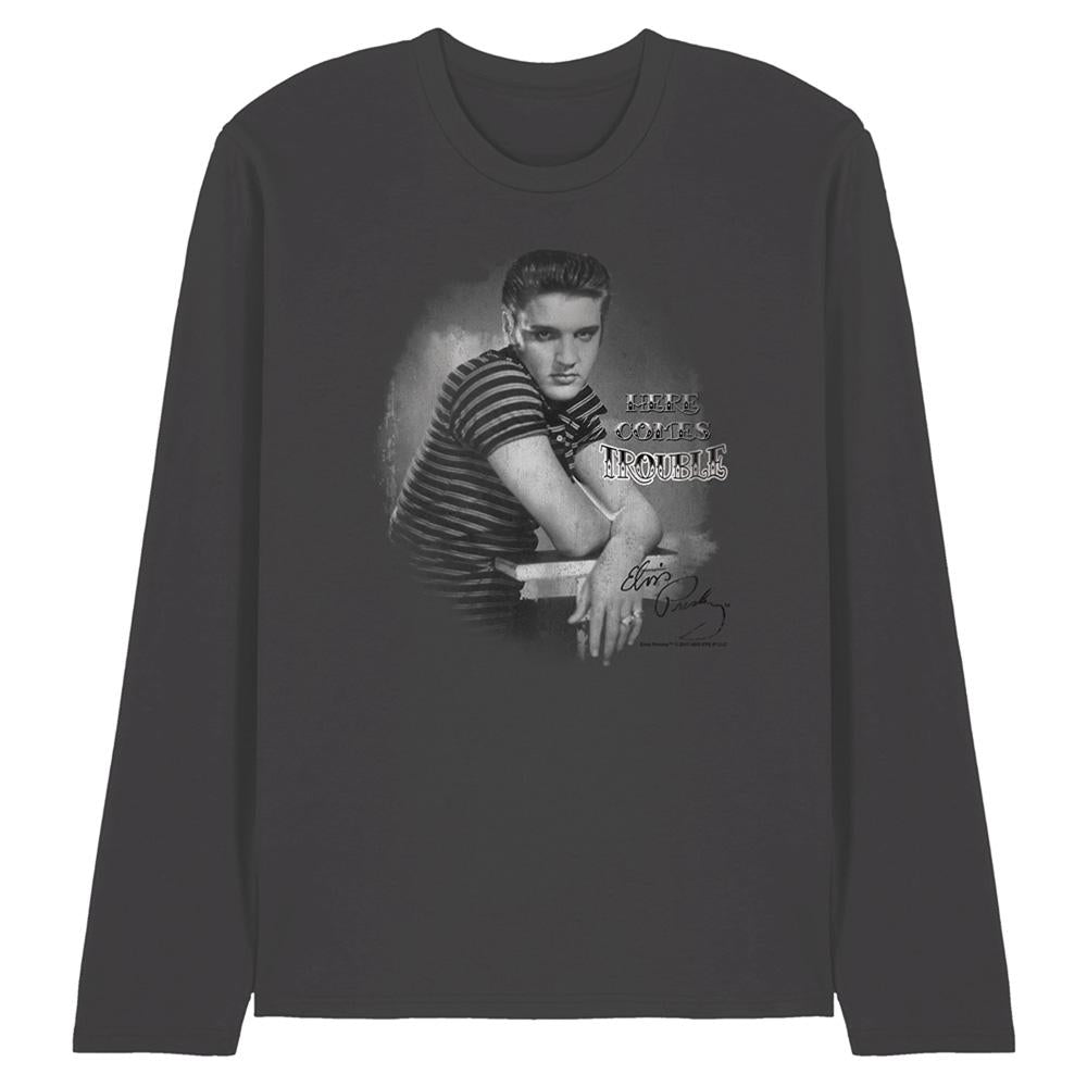 Charcoal - Front - Elvis Presley Unisex Adult Trouble Long-Sleeved T-Shirt