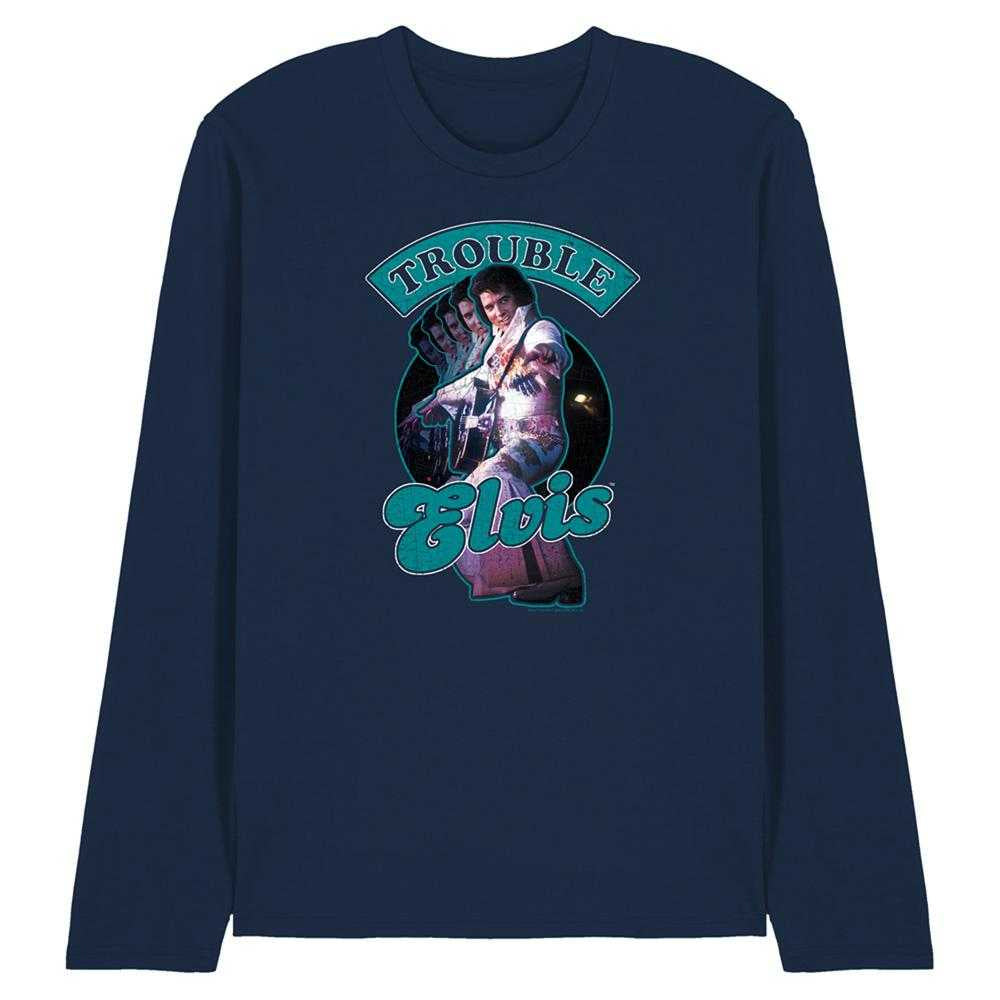 Navy - Front - Elvis Unisex Adult Total Trouble Long-Sleeved T-Shirt