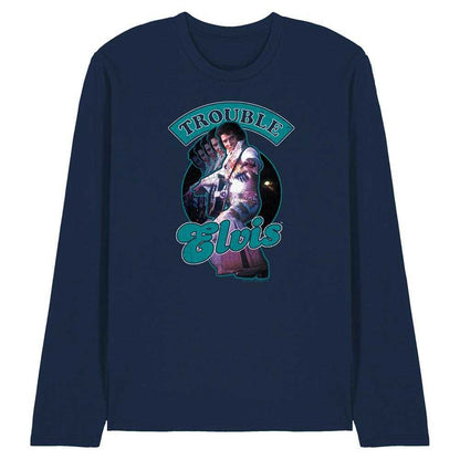 Navy - Front - Elvis Unisex Adult Total Trouble Long-Sleeved T-Shirt
