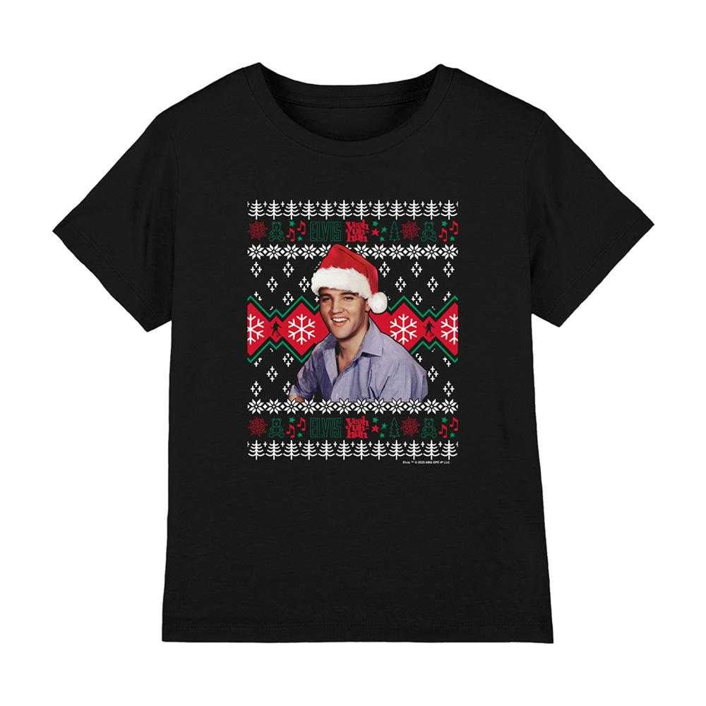 Black - Front - Elvis Presley Childrens-Kids Ugly Christmas Sweater T-Shirt