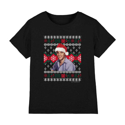 Black - Front - Elvis Presley Childrens-Kids Ugly Christmas Sweater T-Shirt