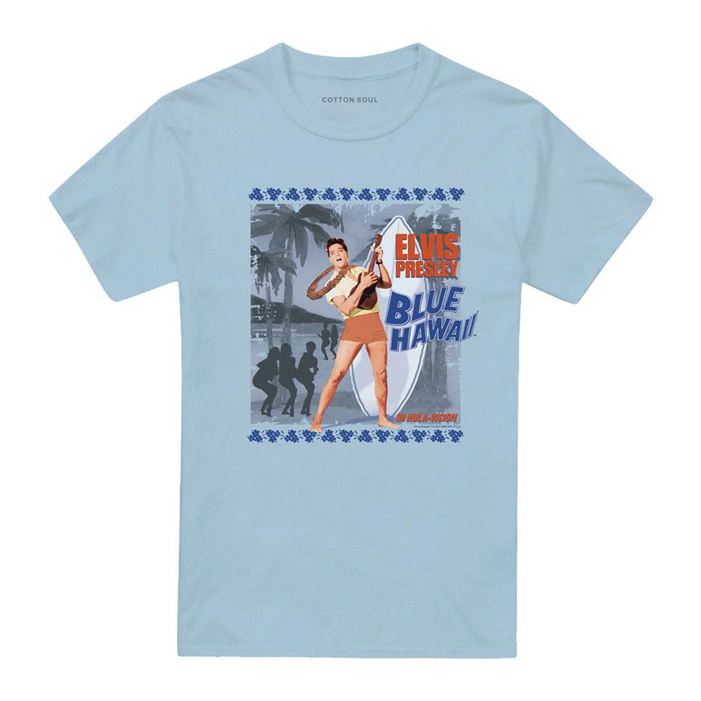 Light Blue - Front - Elvis Presley Unisex Adult Blue Hawaii Poster T-Shirt