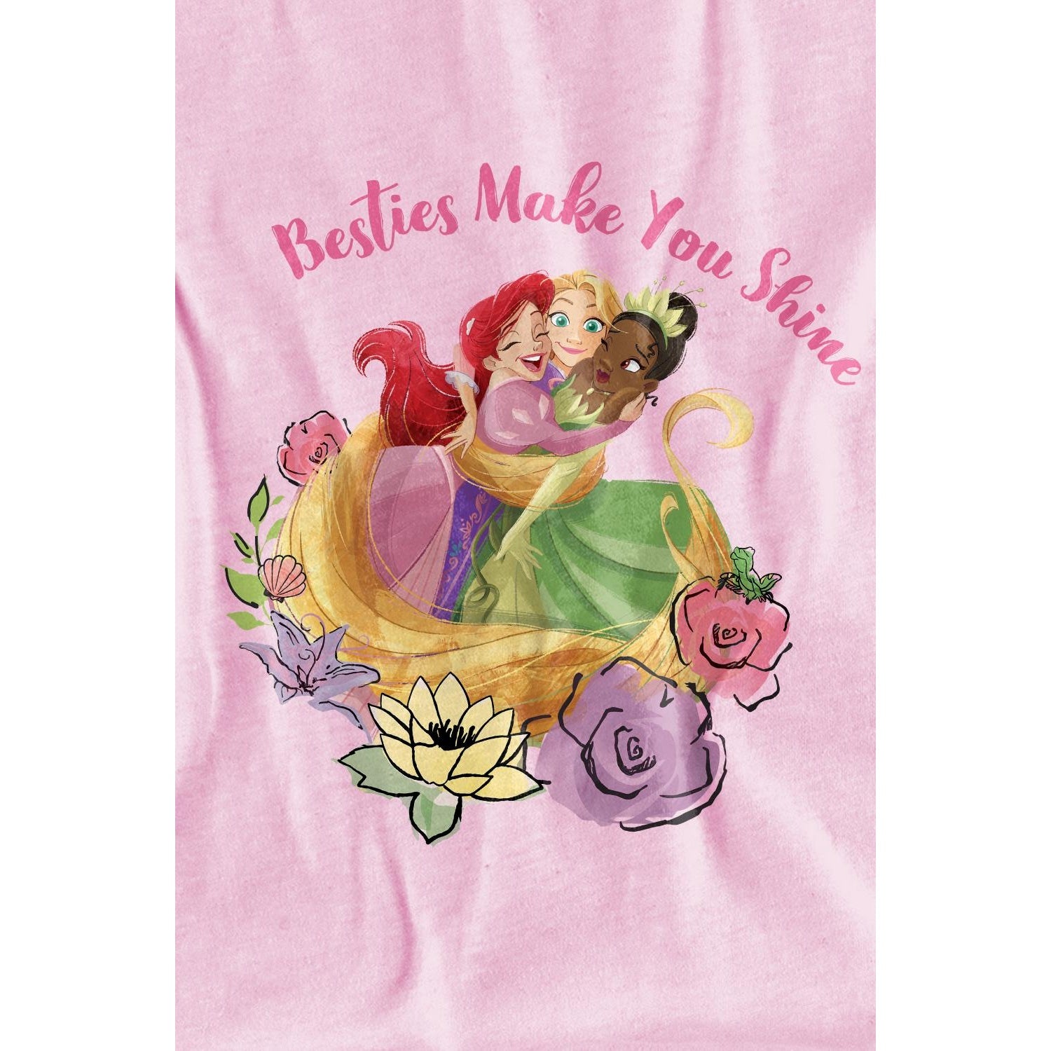 Pink - Side - Disney Princess Childrens-Kids Besties Shine Ariel Rapunzel Tiana T-Shirt