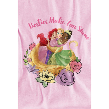 Pink - Side - Disney Princess Childrens-Kids Besties Shine Ariel Rapunzel Tiana T-Shirt