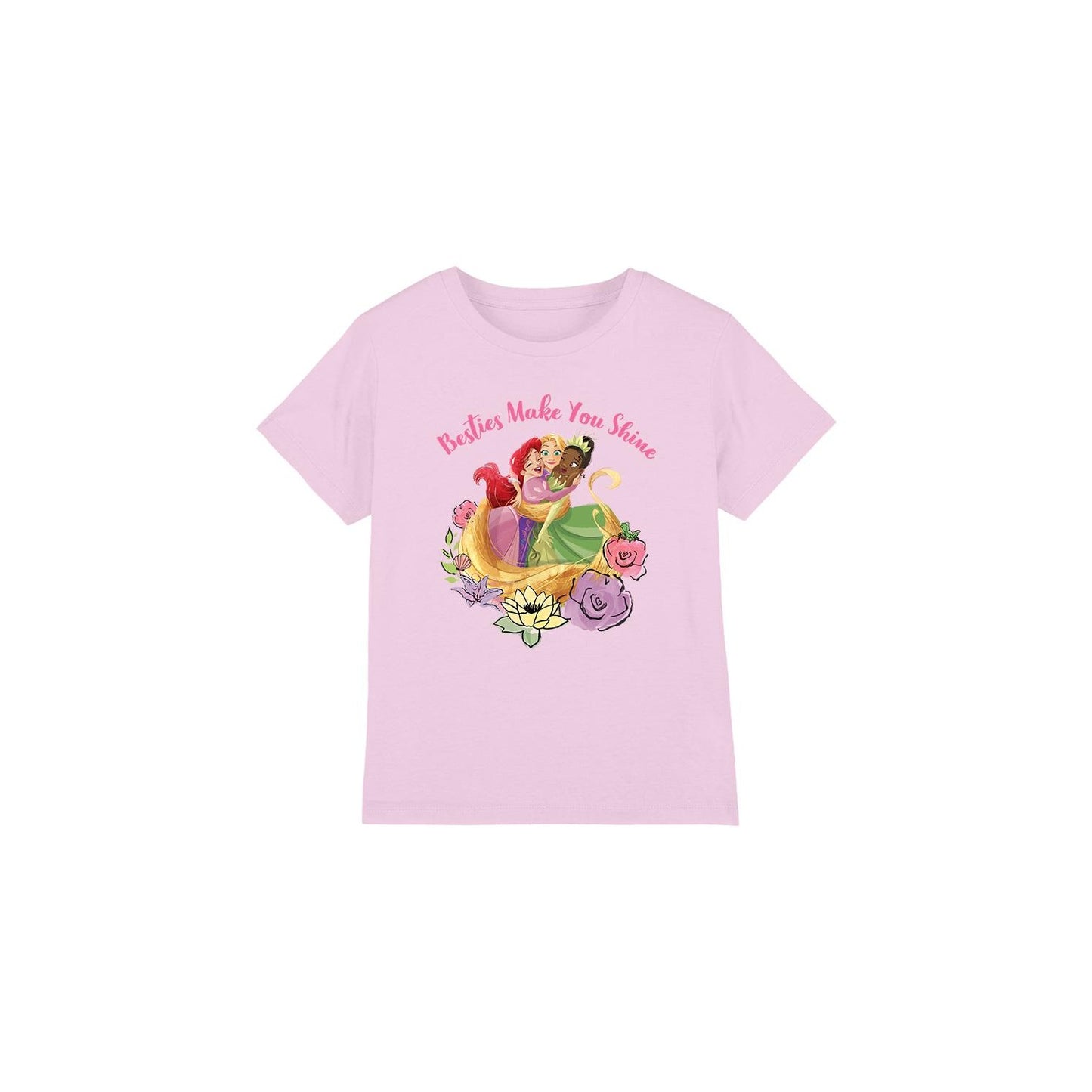 Pink - Front - Disney Princess Childrens-Kids Besties Shine Ariel Rapunzel Tiana T-Shirt