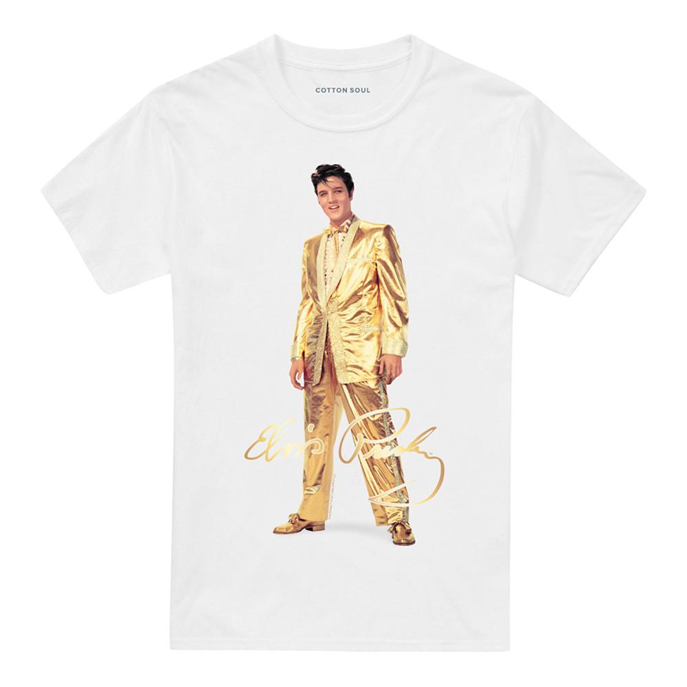 White - Front - Elvis Presley Unisex Adult Gold Lame Suit T-Shirt