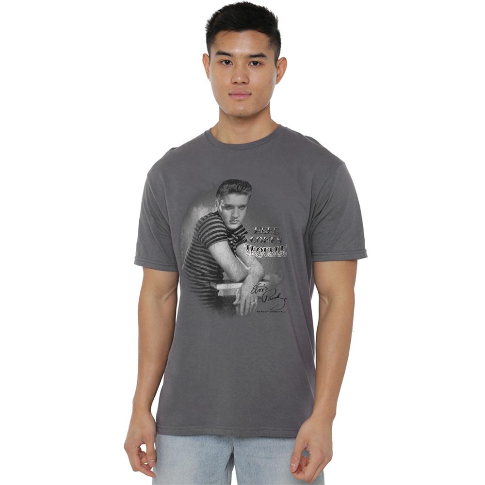 Charcoal - Back - Elvis Presley Unisex Adult Trouble T-Shirt