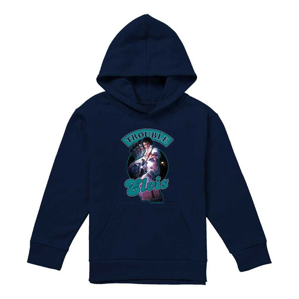 Navy - Front - Elvis Presley Childrens-Kids Total Trouble Hoodie