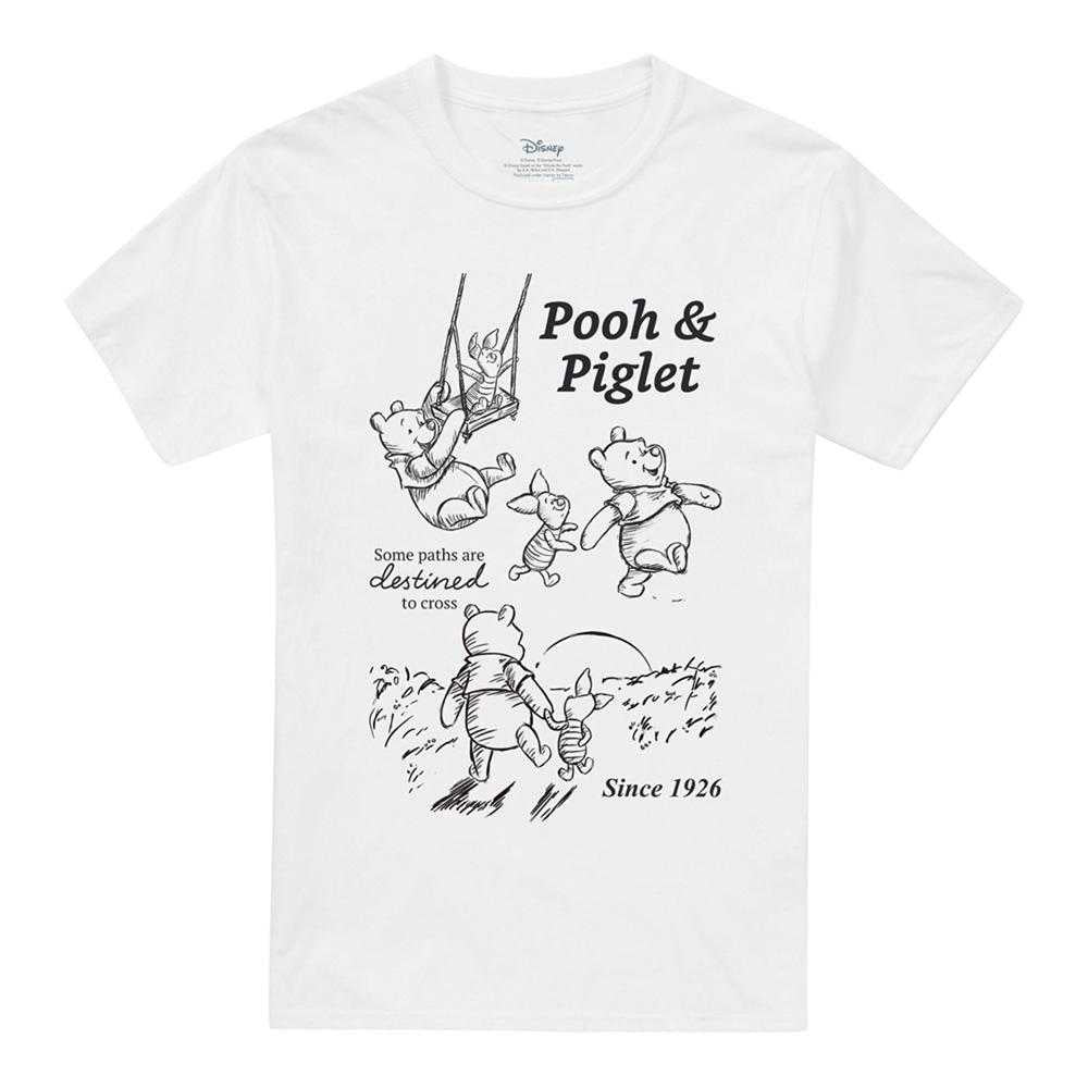 White - Front - Winnie the Pooh Unisex Adult Friendship Piglet Sketch T-Shirt