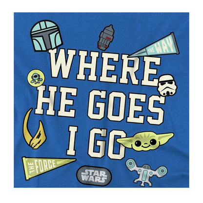 Royal Blue - Side - Star Wars The Mandalorian Childrens-Kids Where He Goes Grogu Badge T-Shirt