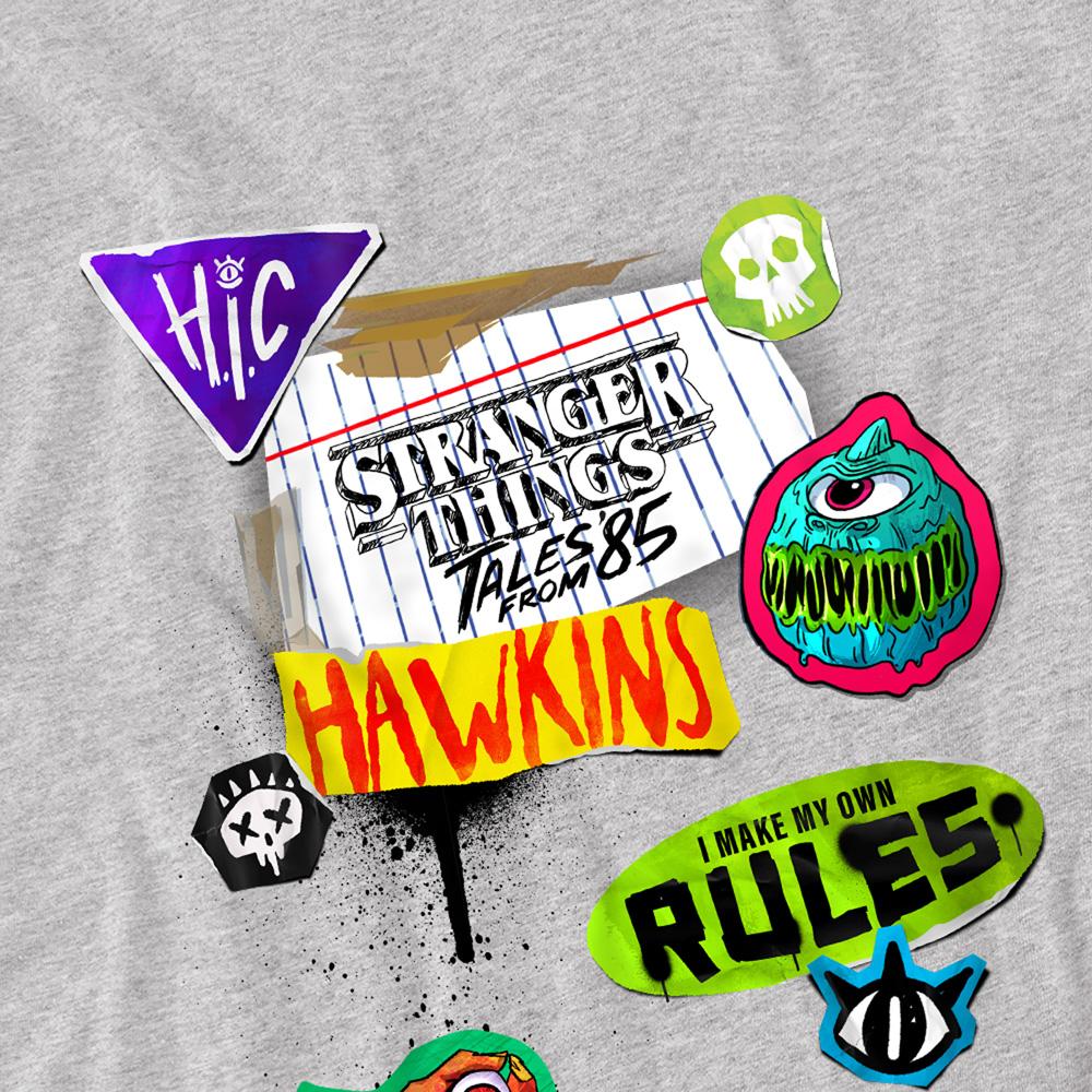 Athletic Heather - Side - Stranger Things: Tales from ´85 Childrens-Kids Scrapbook Icons T-Shirt
