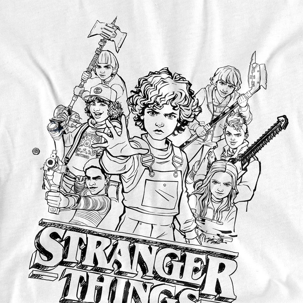 White - Side - Stranger Things: Tales from ´85 Womens-Ladies Group Sketch Capped Sleeved T-Shirt