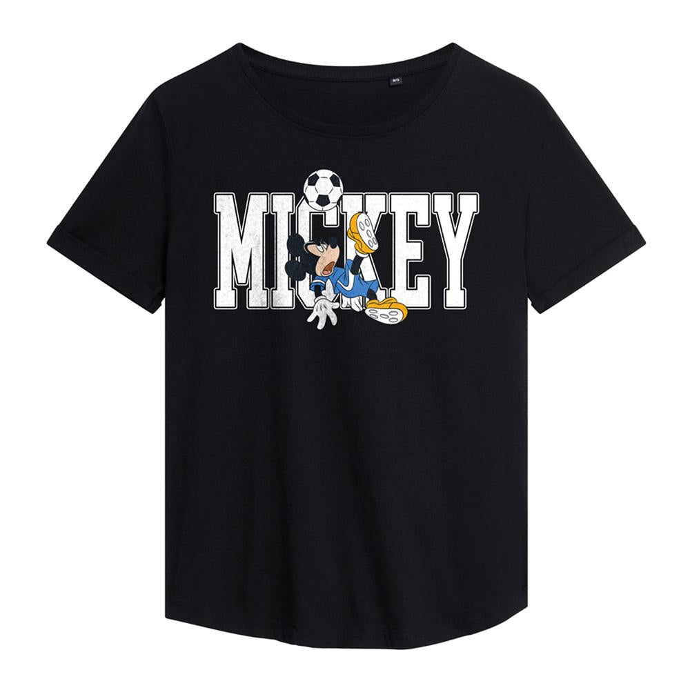 Black - Front - Disney Womens-Ladies Football Kick Mickey Mouse Fashion T-Shirt