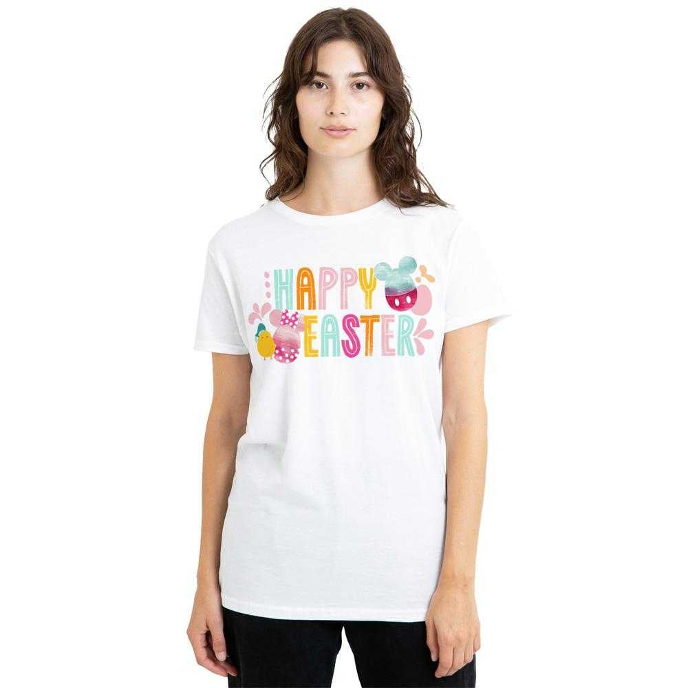 White - Lifestyle - Mickey Mouse Womens-Ladies Happy Mickey & Minnie Mouse Watercolour Eggs Easter T-Shirt