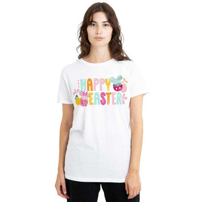 White - Lifestyle - Mickey Mouse Womens-Ladies Happy Mickey & Minnie Mouse Watercolour Eggs Easter T-Shirt