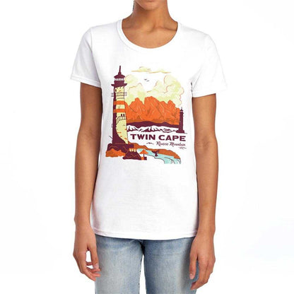 White - Lifestyle - One Piece Womens-Ladies Twin Cape Reverse Mountain Poster Fitted T-Shirt