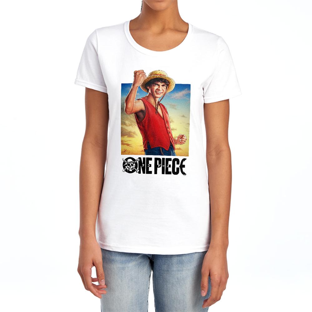White - Lifestyle - One Piece Womens-Ladies Straw Hat Luffy Ringspun Cotton Fitted T-Shirt