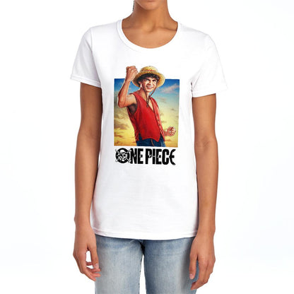White - Lifestyle - One Piece Womens-Ladies Straw Hat Luffy Ringspun Cotton Fitted T-Shirt
