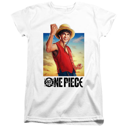 White - Front - One Piece Womens-Ladies Straw Hat Luffy Ringspun Cotton Fitted T-Shirt