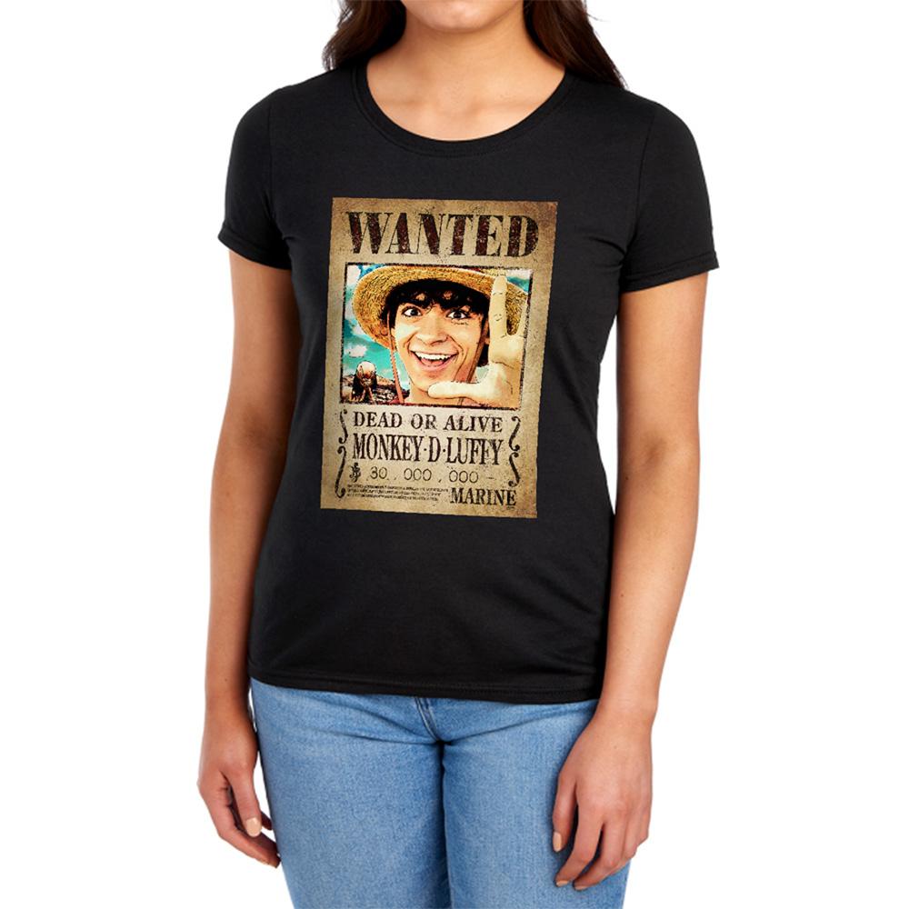 Black - Lifestyle - One Piece Womens-Ladies Luffy Wanted Poster Fitted T-Shirt