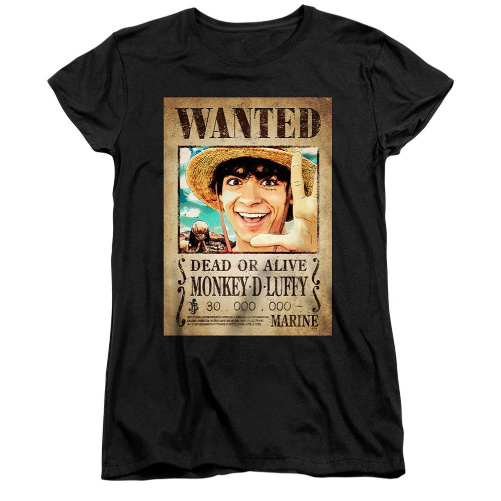 Black - Front - One Piece Womens-Ladies Luffy Wanted Poster Fitted T-Shirt