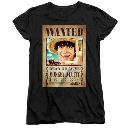 Black - Front - One Piece Womens-Ladies Luffy Wanted Poster Fitted T-Shirt