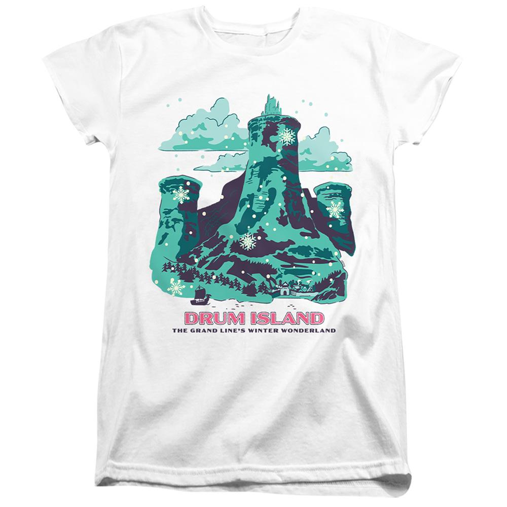 White - Front - One Piece Womens-Ladies Drum Island Winter Wonderland Fitted T-Shirt