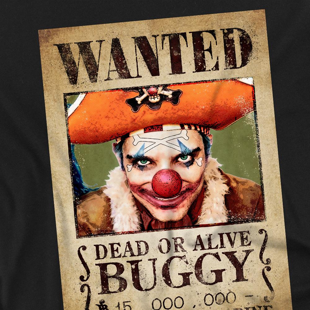 Black - Side - One Piece Womens-Ladies Buggy the Clown Wanted Poster Ringspun Cotton Fitted Short-Sleeved T-Shirt