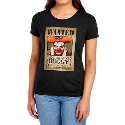 Black - Lifestyle - One Piece Womens-Ladies Buggy the Clown Wanted Poster Ringspun Cotton Fitted Short-Sleeved T-Shirt