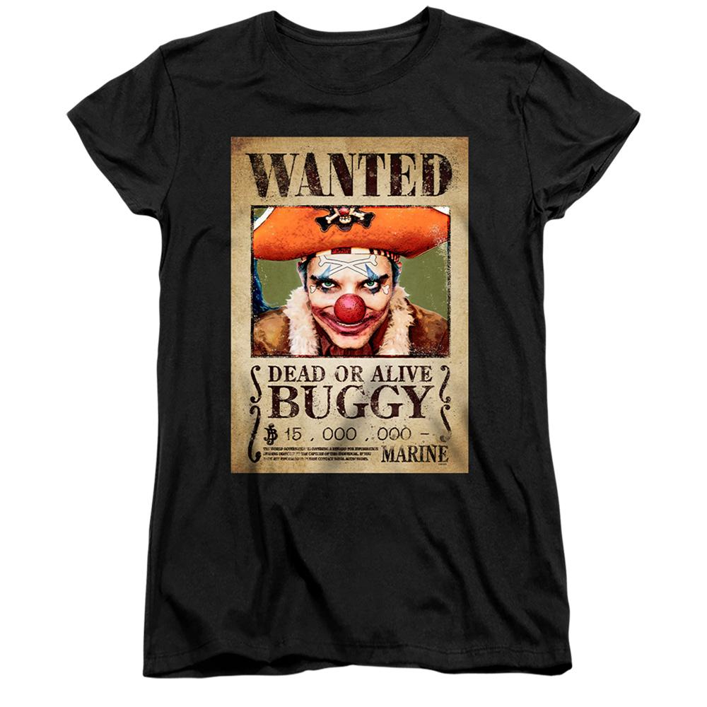 Black - Front - One Piece Womens-Ladies Buggy the Clown Wanted Poster Ringspun Cotton Fitted Short-Sleeved T-Shirt