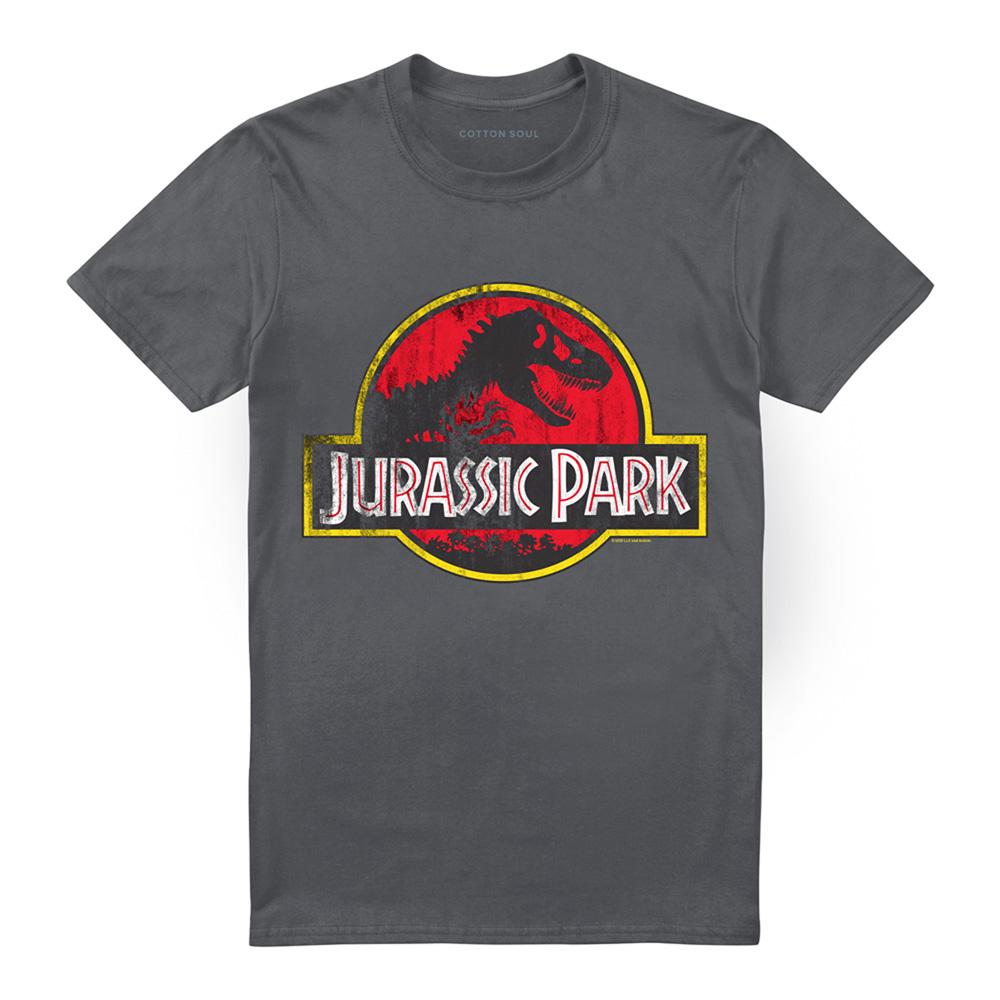 Charcoal - Front - Jurassic Park Unisex Adult Distressed Logo Ringspun Cotton T-Shirt