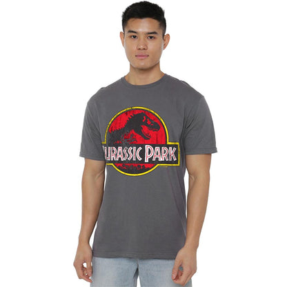 Charcoal - Lifestyle - Jurassic Park Unisex Adult Distressed Logo Ringspun Cotton T-Shirt