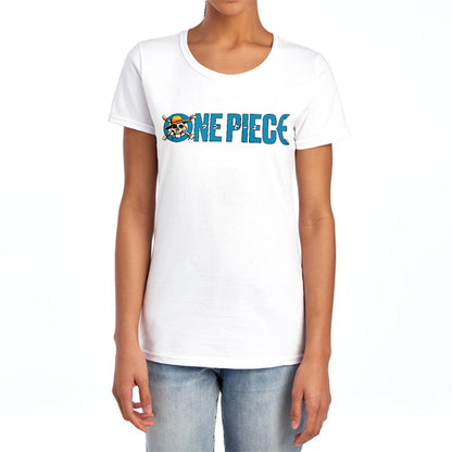 White - Lifestyle - One Piece Womens-Ladies Jolly Roger Luffy Logo Fitted T-Shirt