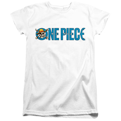 White - Front - One Piece Womens-Ladies Jolly Roger Luffy Logo Fitted T-Shirt