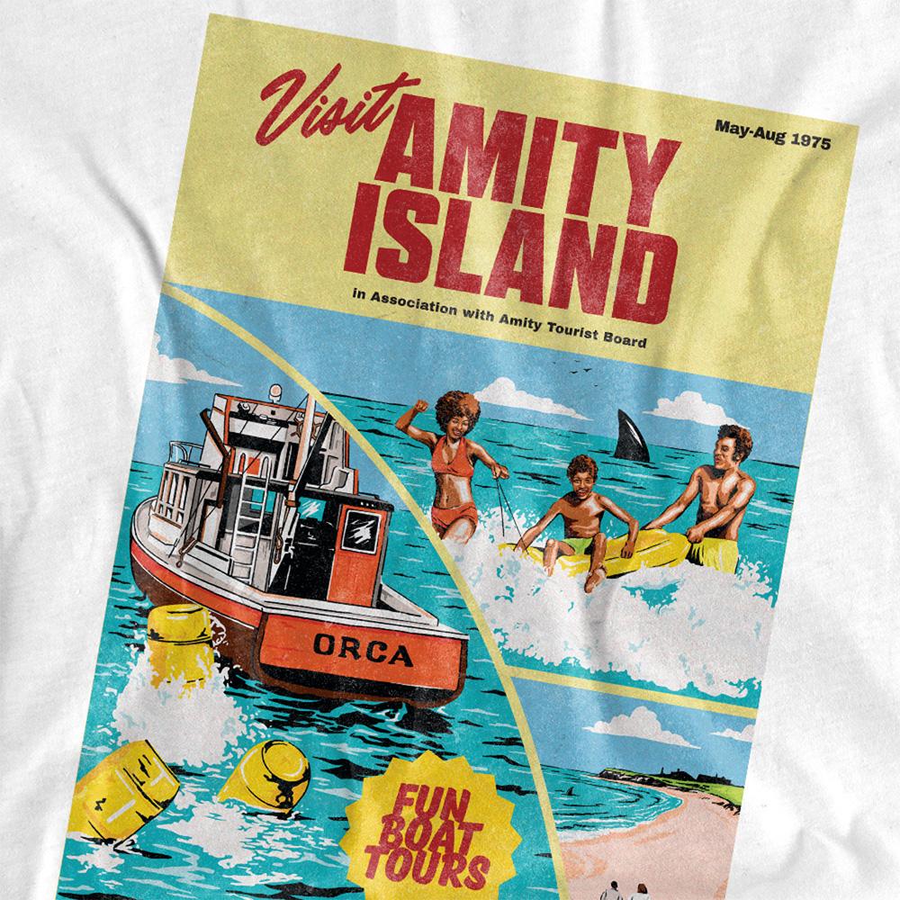 White - Side - Jaws Unisex Adult Visit Amity Poster Ringspun Cotton 50th T-Shirt
