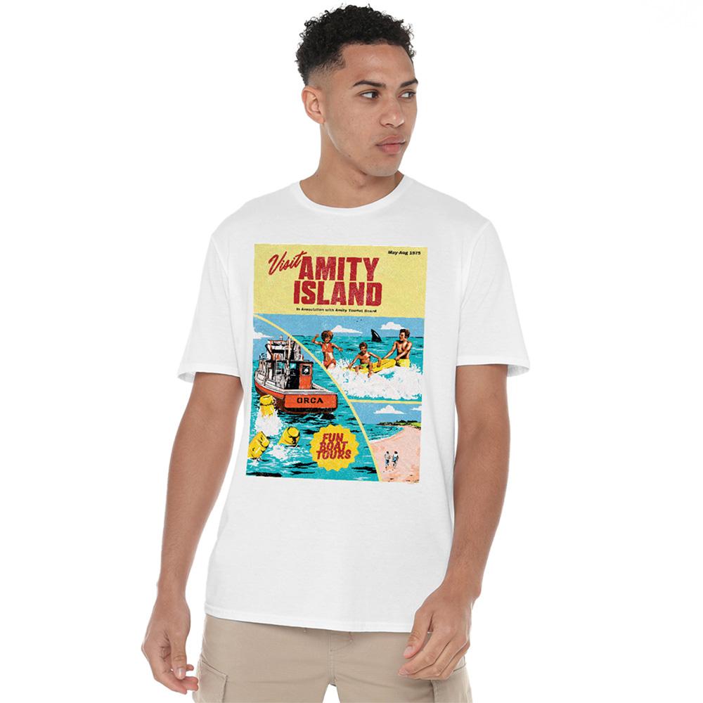White - Lifestyle - Jaws Unisex Adult Visit Amity Poster Ringspun Cotton 50th T-Shirt