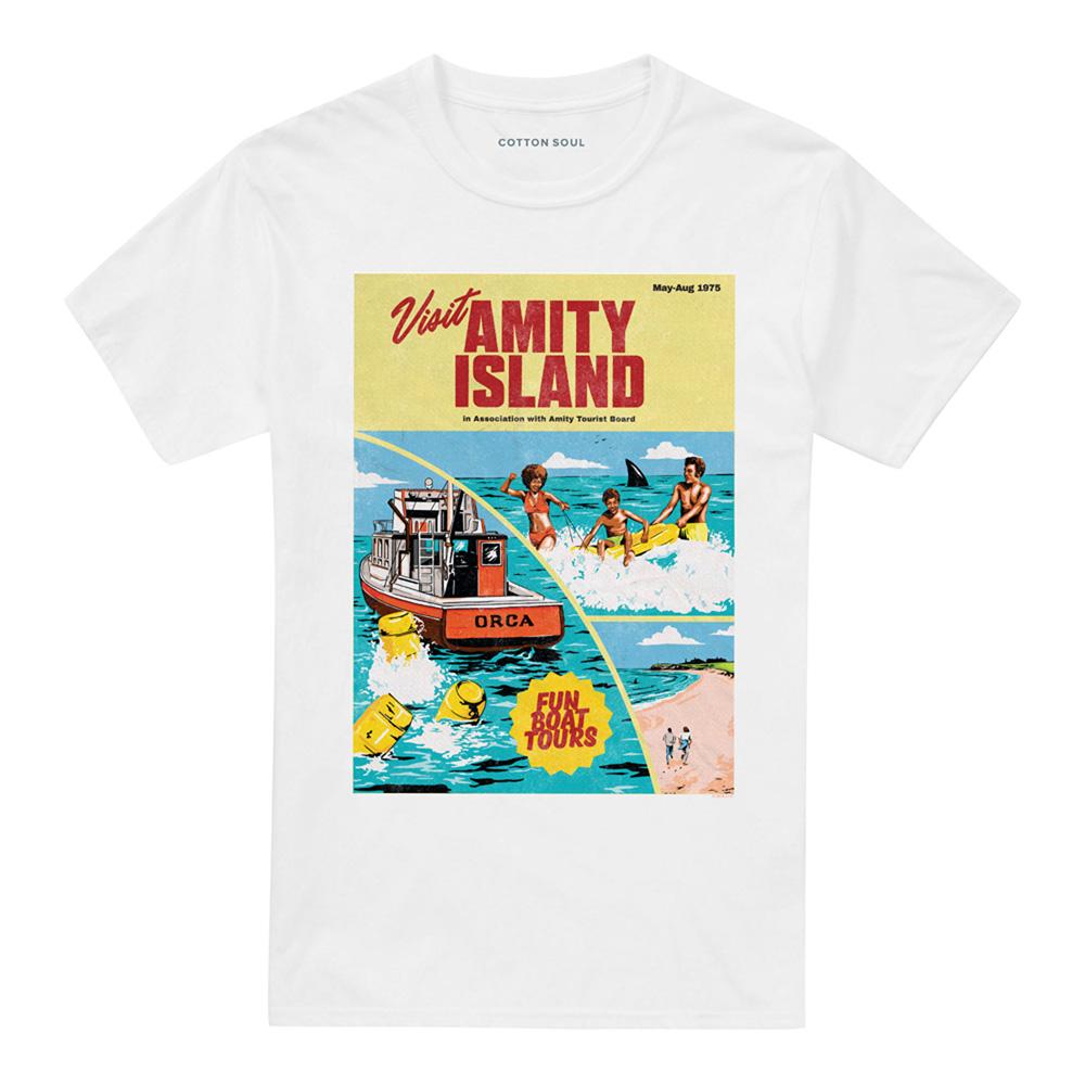 White - Front - Jaws Unisex Adult Visit Amity Poster Ringspun Cotton 50th T-Shirt