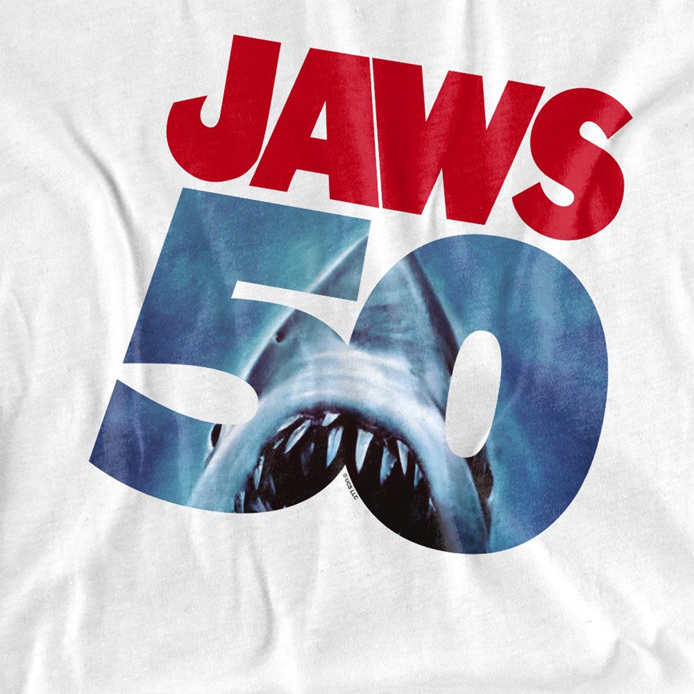 White - Side - Jaws Unisex Adult Poster Ringspun Cotton Logo 50th T-Shirt