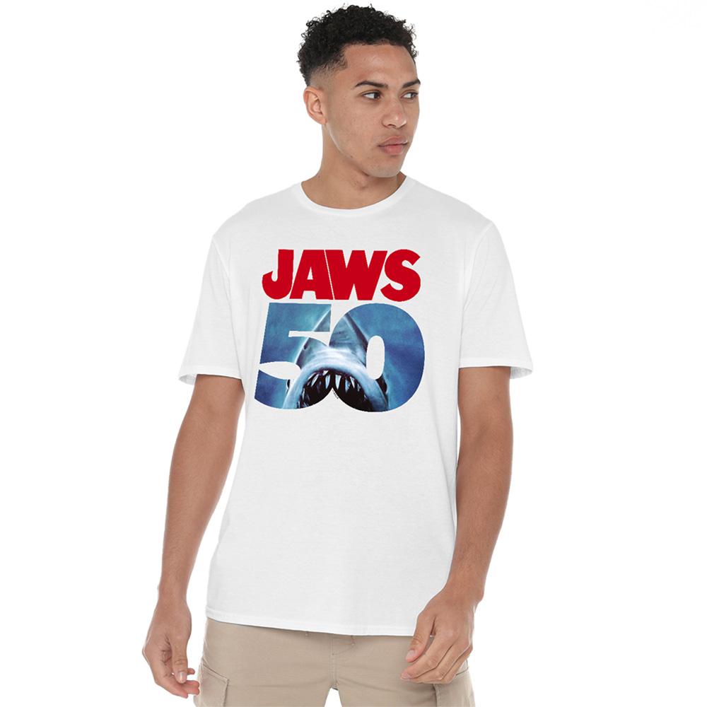 White - Lifestyle - Jaws Unisex Adult Poster Ringspun Cotton Logo 50th T-Shirt