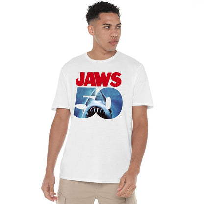 White - Lifestyle - Jaws Unisex Adult Poster Ringspun Cotton Logo 50th T-Shirt