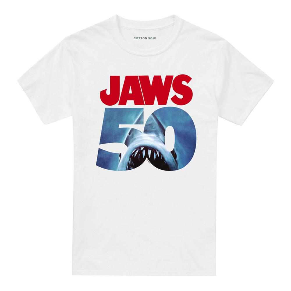 White - Front - Jaws Unisex Adult Poster Ringspun Cotton Logo 50th T-Shirt