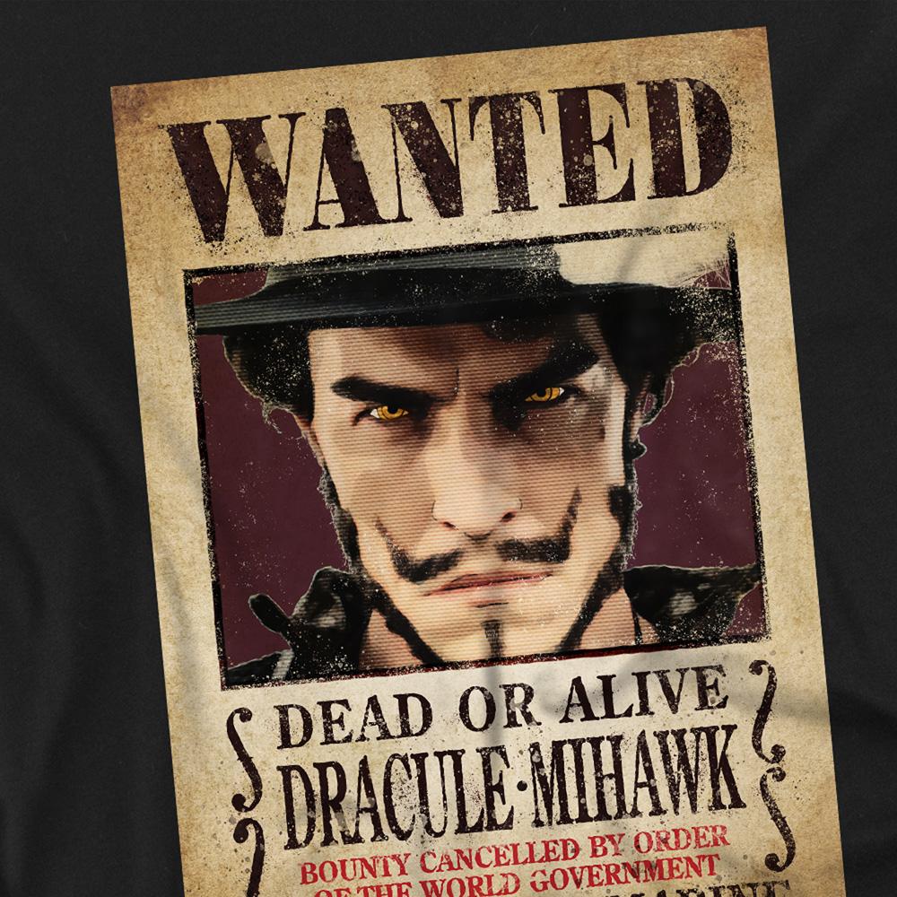 Black - Side - One Piece Womens-Ladies Dracule Mihawk Wanted Poster Fitted T-Shirt
