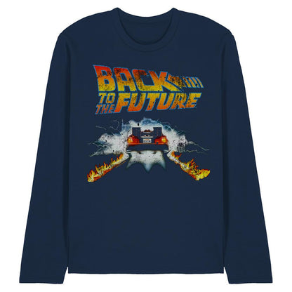 Navy - Front - Back To The Future Unisex Adult Delorean Long-Sleeved T-Shirt